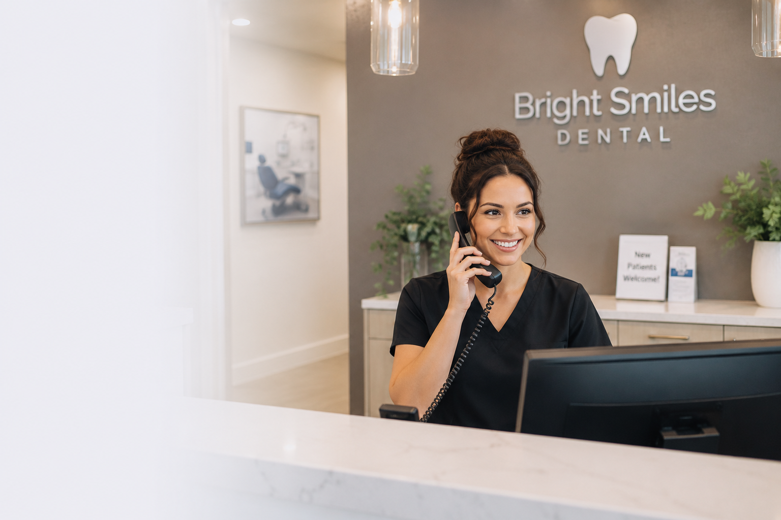 Dental receptionist answering a patient call
